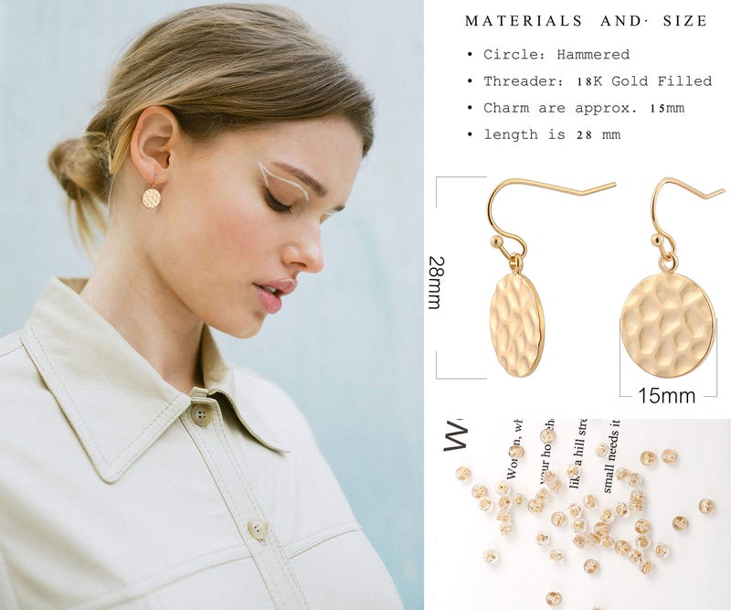 POTESSA 18K Gold Plated Circle Dsic Dangle Earrings Hammered Small Round Coin Hoop Drop Earrings for Women Minimalist Lightweight Statement Earring Jewelry - Image 4